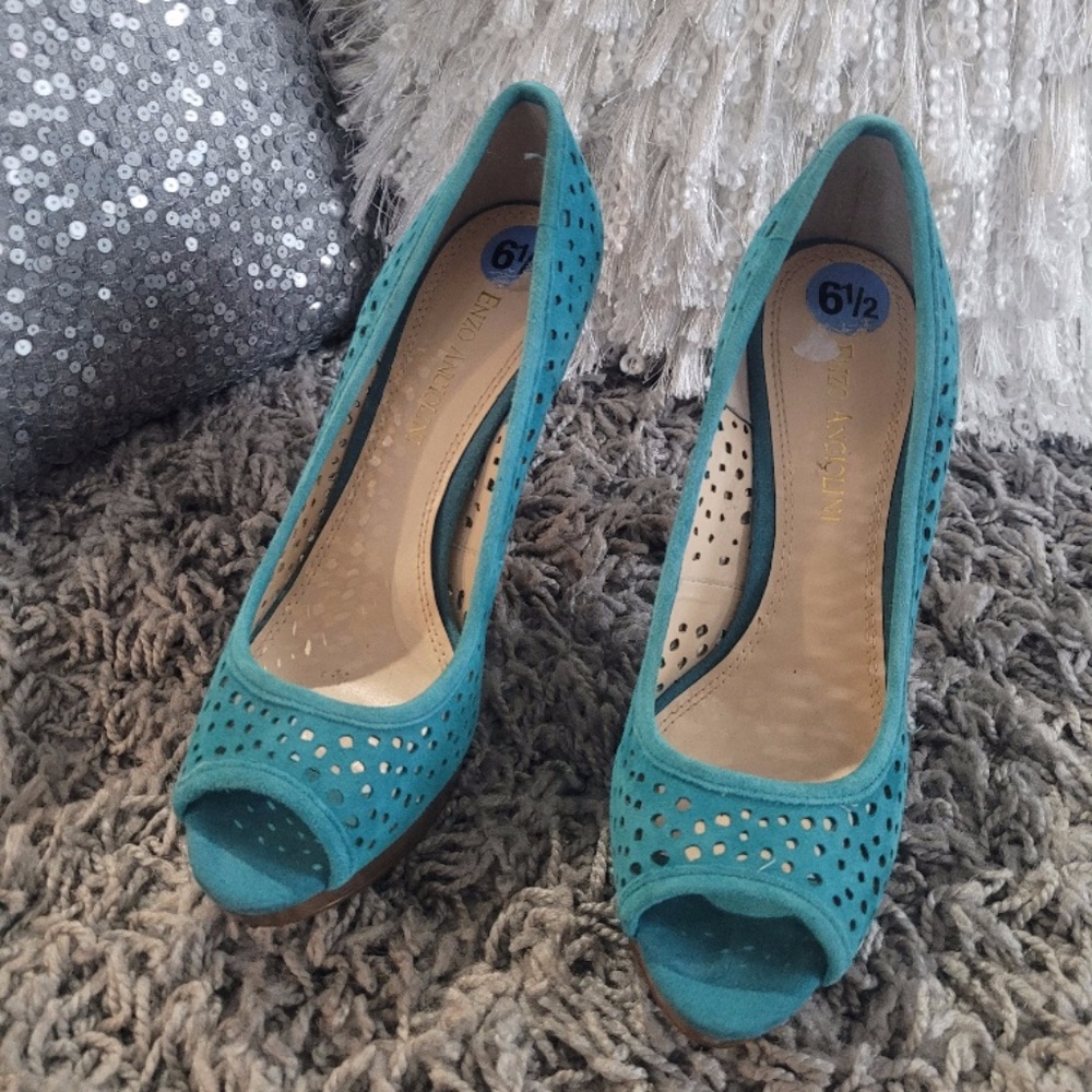 Teal Enzo Angiolini Suede Peep Toe Shoes 6.5